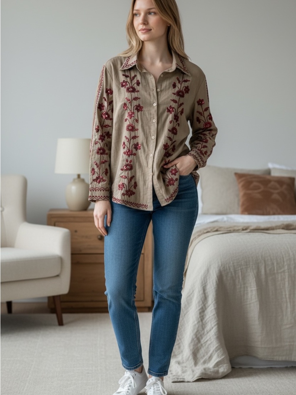 Galita Embroidered Olive Green Button-Up Shirt with Red Floral Accents NWT - Picture 12 of 12
